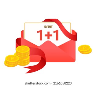  event with a 1+1 coupon and a red bag illustration set. Thank you card, dollar, discount, ribbon, packaging. Vector drawing. Hand drawn style.