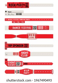 Event access bracelet or wristband realistic vector mockups. Isolated paper or plastic wrist bands, 3d white and red VIP tickets of night club party, music festival concert, cinema and carnival show