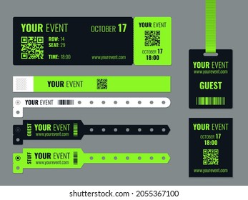 Event access control. Realistic wrist tags mockup, corporate entry tickets templates, festivals, party pass visitors accreditation, participant badge and bracelet blank, vector isolated set