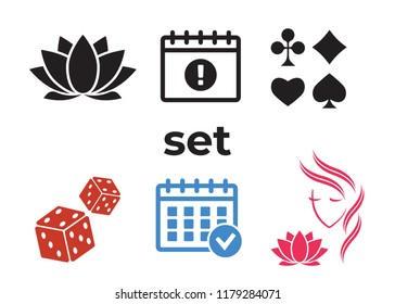 Event add delete progress icons and Poker club, casino sign set. Beautiful woman logo