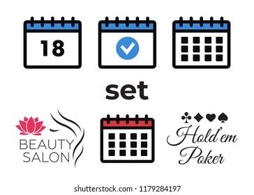 Event add delete progress icons and Poker club, casino sign set. Beautiful woman logo