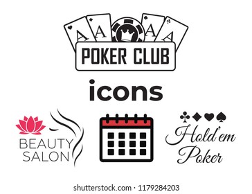 Event add delete progress icons and Poker club, casino sign set. Beautiful woman logo