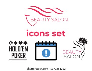 Event add delete progress icons and Poker club, casino sign set. Beautiful woman logo