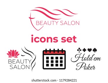 Event add delete progress icons and Poker club, casino sign set. Beautiful woman logo