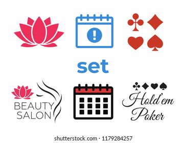 Event add delete progress icons and Poker club, casino sign set. Beautiful woman logo