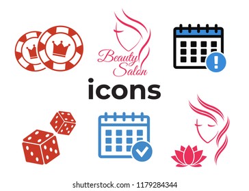 Event add delete progress icons and Poker club, casino sign set. Beautiful woman logo