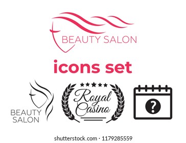 Event add delete progress icons and Poker club, casino sign set. Beautiful woman logo