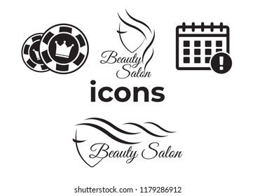 Event add delete progress icons and Poker club, casino sign set. Beautiful woman logo