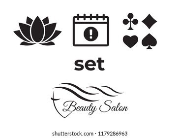 Event add delete progress icons and Poker club, casino sign set. Beautiful woman logo
