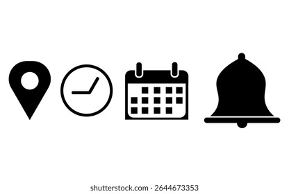 calendario de Dirección de eventos aislado y puntero de negocio de notificación en el lugar Elementos de signo mapa horario y conjunto. hora Fecha, png. hora de icono de campana de reloj transparente, Vector de recordatorio, ilustración