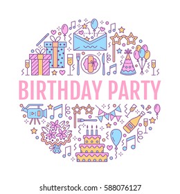 Event agency, birthday party banner with vector line icon of catering, birthday cake, balloon decoration, flower delivery, invitation card, entertainment. Thin linear sign party organization service.