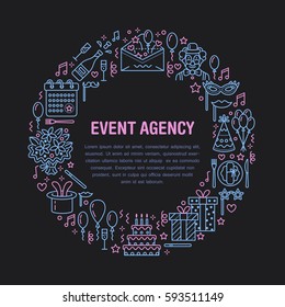 Event agency, birthday party banner with vector line icon of catering, birthday cake, balloon decoration, flower delivery, invitation card, clown. Thin linear sign of party organization service