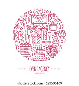 Event agency, birthday party banner with vector line icon of catering, birthday cake, balloon decoration, flower delivery, invitation card, magician. Thin linear sign of party organization service.