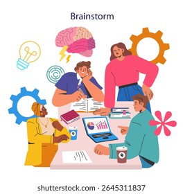 Sessão de brainstorming da agência de eventos representando a colaboração entre indivíduos diversos. As ideias fluem conforme os conceitos surgem. Símbolos de criatividade e análise destacam o processo de pensamento estratégico