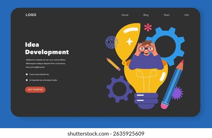 Event agency concept focusing on idea development and creativity. Illustrates brainstorming with a light bulb, gears, and design tools. Encourages collaboration and innovative thinking in project