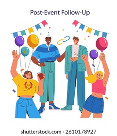 Event agency engaging in post-event follow-up. Participants celebrate while sharing experiences. Focus on connection and feedback after successful events. Perfect for marketing and event management.