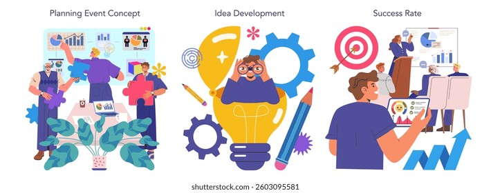 Event agency illustration focusing on planning and executing events. It covers concept creation, idea development, and measuring success rates. The visuals highlight teamwork and analytical approaches