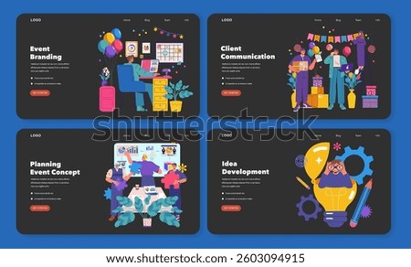 Event agency illustration showcasing essential stages in event planning and branding. This design emphasizes teamwork, communication, and creativity necessary for successful event execution. Vector