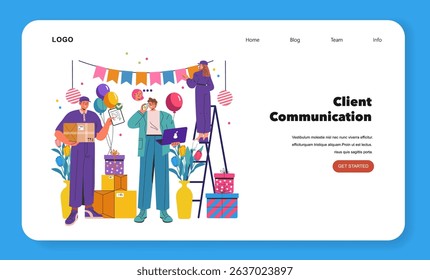 Event agency illustration showing a team organizing a celebration. Includes individuals with gifts, balloons, and decorations, reflecting teamwork and enthusiasm in client communication. Vector