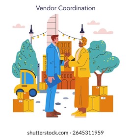 Event agency managing vendor coordination for successful collaboration. Professionals engage in discussion amidst buildings, greenery, and logistics, reflecting teamwork in event planning.