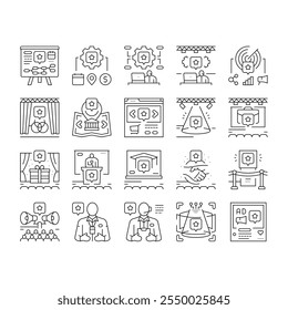 event agency party business icons set vector. birthday wedding organization, corporate conference, presentation management, gala event agency party business black contour illustrations