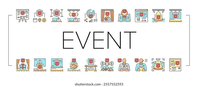 event agency party business icons set vector. birthday wedding organization, corporate conference, presentation management, gala event agency party business color line illustrations