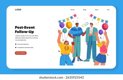 Event agency post-event follow-up illustration. It captures a celebratory atmosphere with diverse individuals holding balloons and enjoying a successful gathering. Engaging interactions and memorable