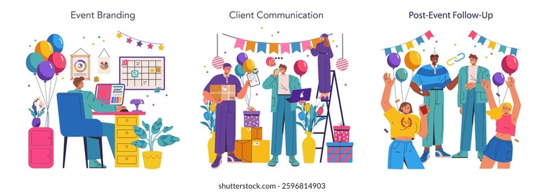Event agency processes illustrated in three parts: branding, client communication, and post-event follow-up. Emphasizing teamwork and creativity, this artwork captures event management's dynamic