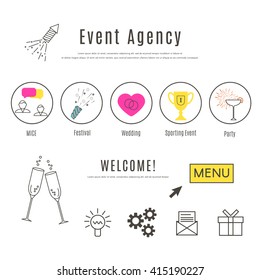 Event Agency Web Design Template. Thin Line Icons of Special  Events. Business Event, Festival, Wedding, Sporting Event and Party.  Flat vector illustration. 
