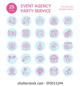 Event agency, wedding organization vector line icon. Party service - catering, birthday cake, balloon decoration, flower delivery, invitation, clown. Thin linear sign of corporate party  team building