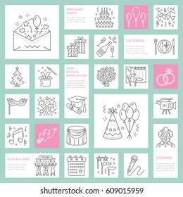 Event agency, wedding organization vector line icon. Party service - catering, birthday cake, balloon decoration, flower delivery, invitation, clown. Thin linear sign of corporate party, team building