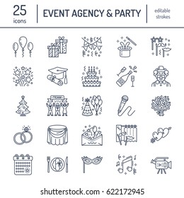 Event agency, wedding organization vector line icon. Party service - catering, birthday cake, balloon decoration, flower delivery, invitation, clown. Thin linear sign of entertainment, team building.