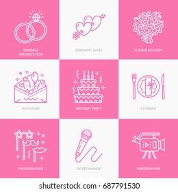 Event agency, wedding organization vector line icon. Party service - catering, cake, balloon decoration, flower delivery, invitation, rings.