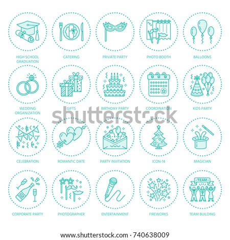 Event agency, wedding organization vector line icon. Party service - catering, birthday cake, balloon decoration, flower delivery, invitation, clown sign.