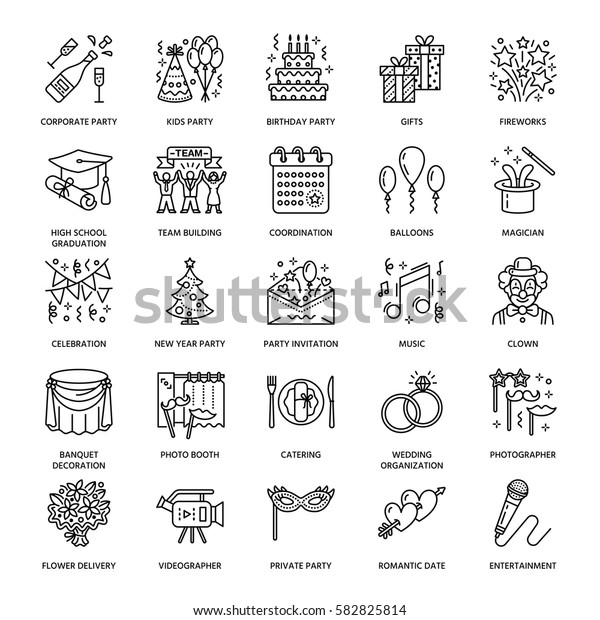 Event agency, wedding organization vector line\
icon. Party service - catering, birthday cake, balloon decoration,\
flower delivery, invitation, clown. Thin linear sign of corporate\
party, team building