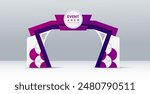 Event arch, entrance gate and entry welcome archway mockup, vector 3D template. Event arch for exhibition or expo, entertainment event entrance or sport marathon start and finish gate in purple design