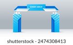 Event arch or entrance gate mockup template of entry or welcome archway, vector 3D design. Event arch for sport marathon start and finish gate, exhibition or expo entrance blue stand frame mock up