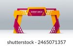 event arch, realistic 3d vector exhibition entrance or entry, modern and stylish arc gate design in bright yellow and purple with geometric shapes. Colorful gateway frame for festive events or promo