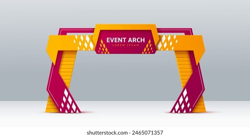 Veranstaltungsbogen, realistische 3D-Vektorgrafik-Ausstellungs- oder Eingangsfläche, modernes und stilvolles Arc-Gate-Design in leuchtendem Gelb und Lila mit geometrischen Formen. Bunte Einstiegsrahmen für festliche Veranstaltungen oder Promo