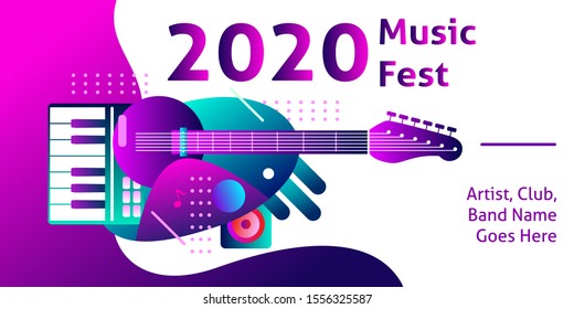 Event background banner design illustration for 2020 music performance, festival, party and concert. Modern wallpaper advertisement, publication and promotion. Digital and print vector illustration.