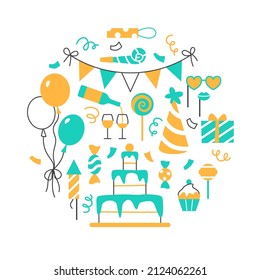 Event Birthday party celebration circle concept on white background. Flat line holiday design for greeting card invitation. Festive hat balloons cake cupcake present wine muffin vector illustration