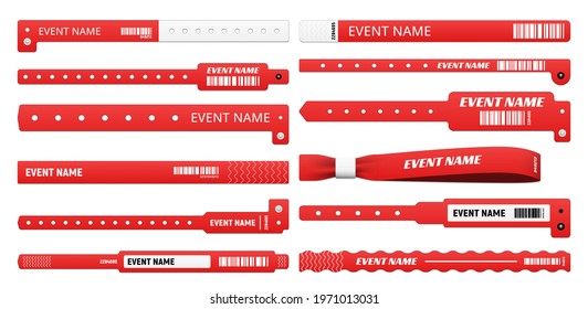 Pulsera de eventos simulaciones realistas de pulseras aisladas de acceso vectorial, bandas de muñeca de plástico blanco y rojo y entradas de papel con códigos de barras. 3.ª pulsera de acceso a eventos para fiestas y conciertos en el club