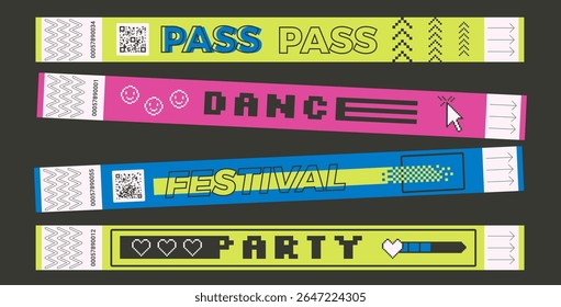 Event bracelet ticket set. Music festival, party, concert wristbands in retro rave style. Hand pass for nightclub access. Paper wrist band templates for y2k events. Vector security id on disco show.