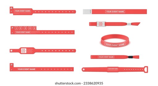 Event bracelets place for name date red band for control pass brand identification set realistic vector illustration. Rubber and paper stripe rope lock holder wristband for personal access admission