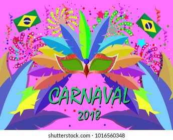 Event Brazil Carnival design on colorful background with Carnival mask and feathers for  Travel destination in South America During Summer.poster, greeting card, party invitation, banner other users