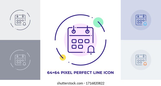 Event calendar with bell on it to remind about business event line art vector icon design. Day planner, reminder or deadline illustration in outline style. Thin stroke illustration for payment date.