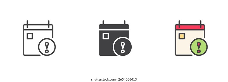 Event calendar with pin icon in different styles. Line, solid and filled outline vector icon. Reminder, scheduled date, planning symbol. Vector calendar icon design.