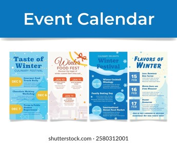 Event calendar winter food fair design template set vector flat illustration. Schedule personal organizer meal seasonal culinary festival gourmet workshop meeting planning reminder