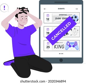 event cancel concept flat design illustration, event postponed, boy holding his head due to ever cancel, sad boy, event cancelled banner for mobile and web 