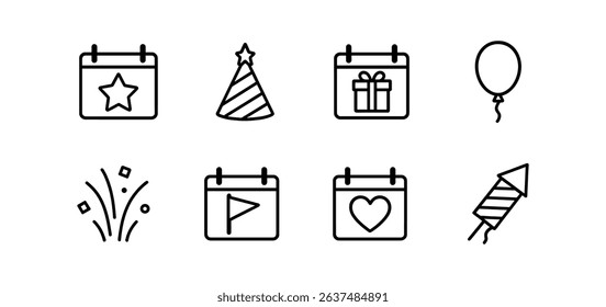 Event and celebration calendar icon set. linear style for holidays, parties, and more